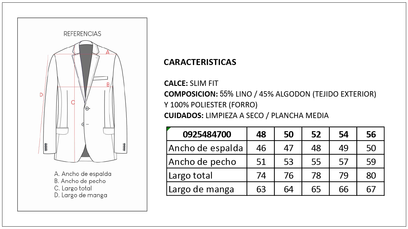 Tabla de Talles Saco Sastrer&iacute;a Hombre Britches